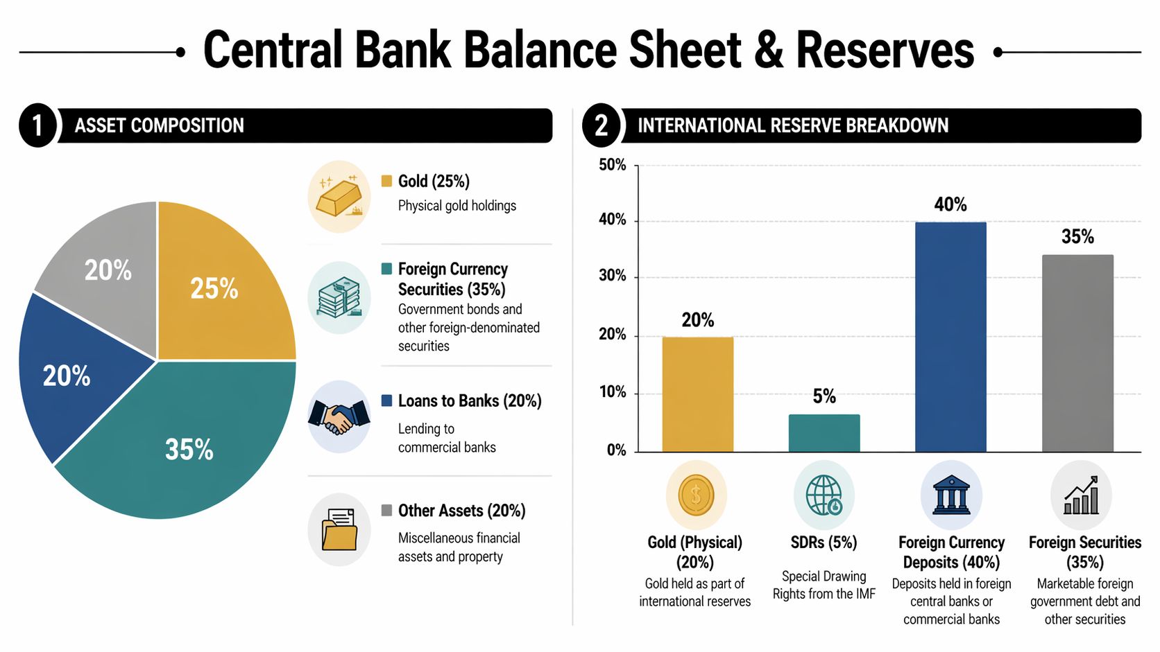 A dual-chart infographic displaying the asset composition and international reserve breakdown for a central bank.