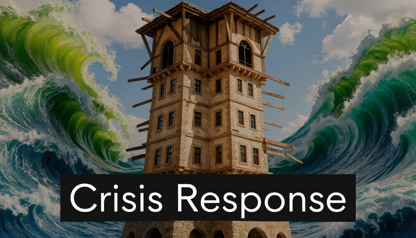 A towering stone structure standing resilient between two massive, crashing green ocean waves symbolizing crisis management.