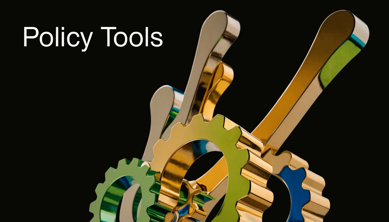 Metallic gold and green gear shaped tools standing against a dark black background, representing policy instruments.
