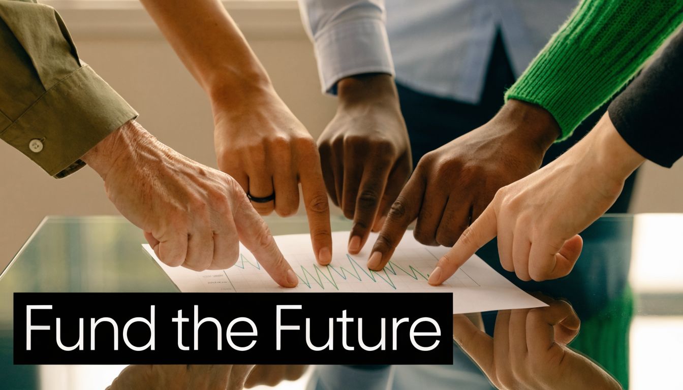 Four people pointing at a graph on a piece of paper, representing teamwork and strategic planning.