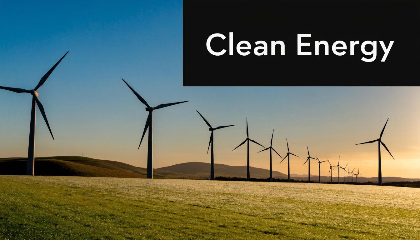 A row of wind turbines stand in a green field during a sunset with a clear sky.