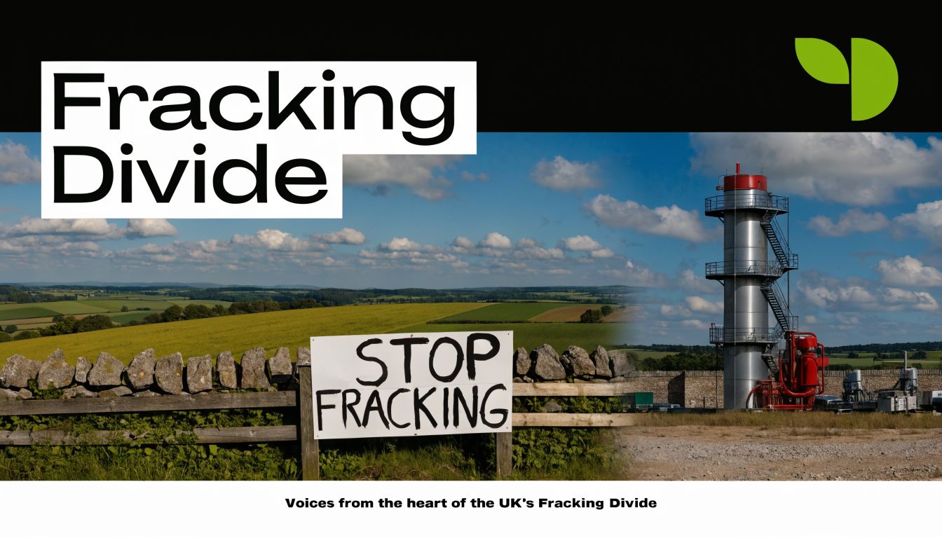 A landscape view featuring a stop fracking protest sign in a rural British field alongside industrial equipment.