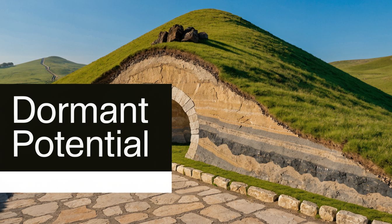 A cutaway view of a grassy hill revealing layered geological rock strata with a stone archway entrance.