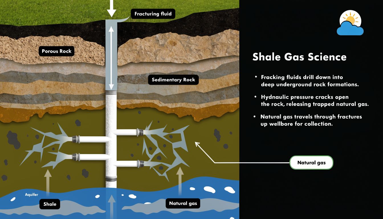 A diagram illustrating the process of hydraulic fracturing in shale rock layers to extract natural gas.