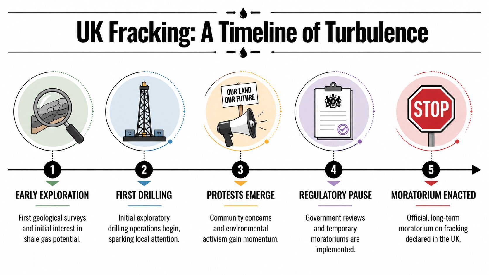 A timeline illustration titled UK Fracking: A Timeline of Turbulence showing five stages from exploration to moratorium.