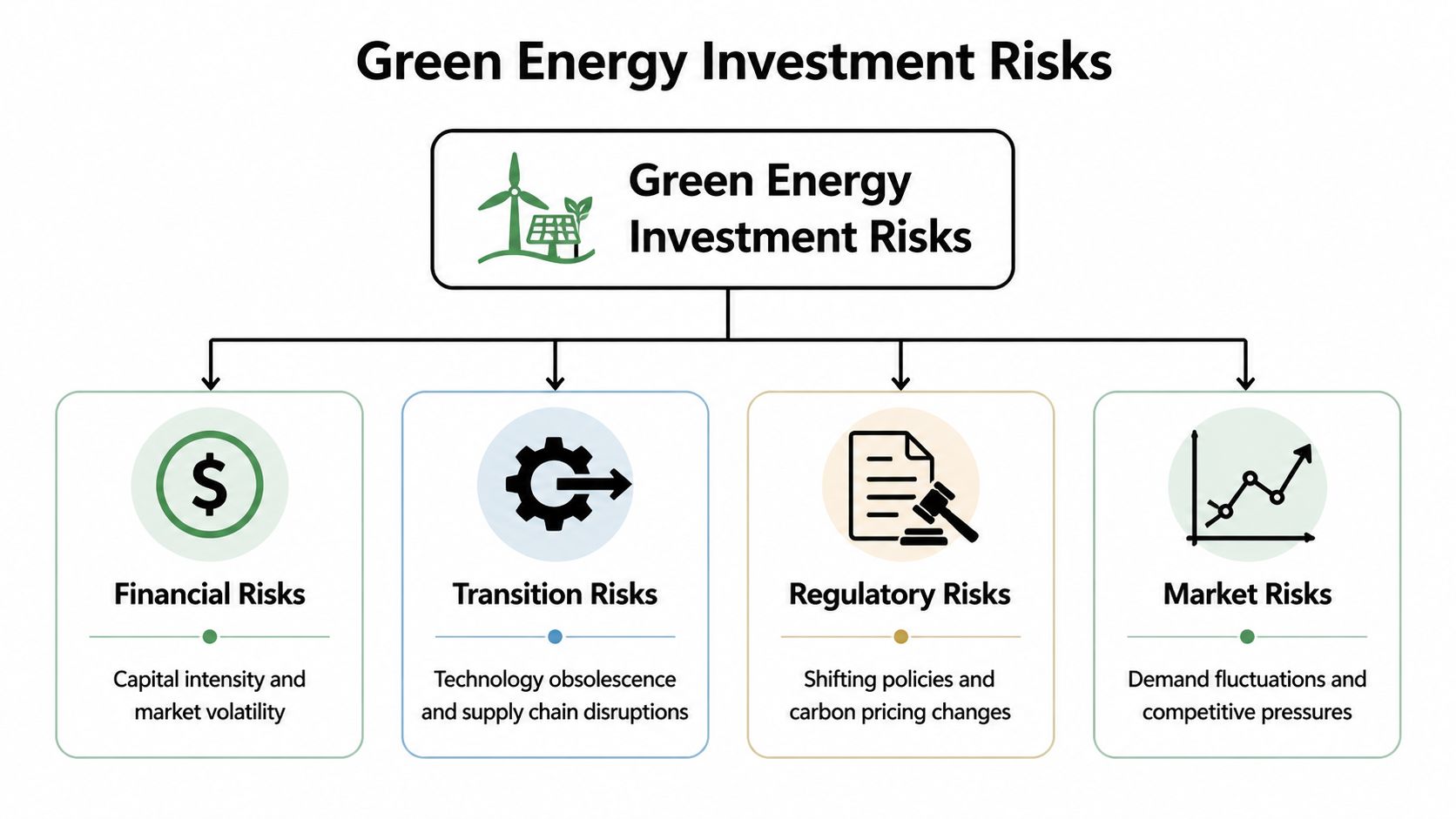 A diagram illustrating the four main categories of green energy investment risks: financial, transition, regulatory, and market.