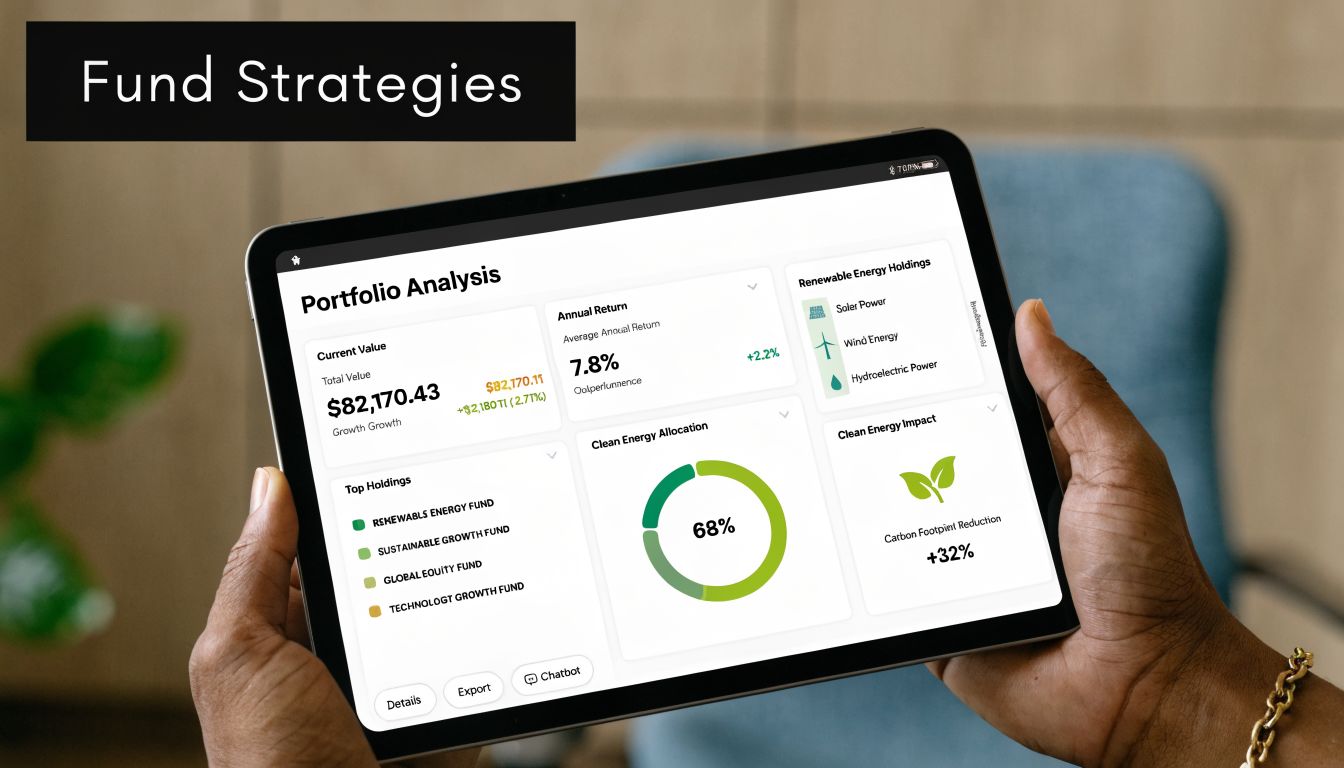 A person holding a tablet displaying a clean energy investment portfolio analysis dashboard with performance charts.