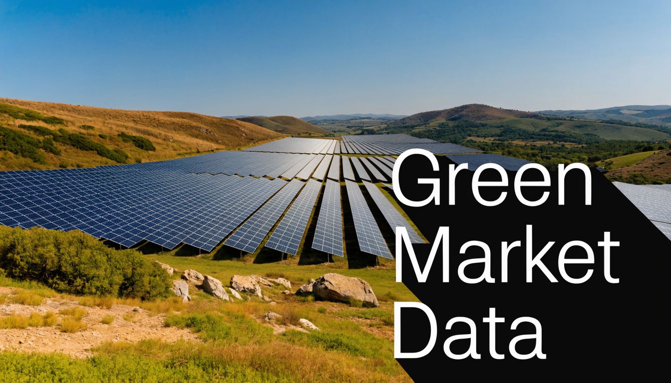 A wide aerial view of a large solar farm situated in a hilly, rural landscape under blue sky.