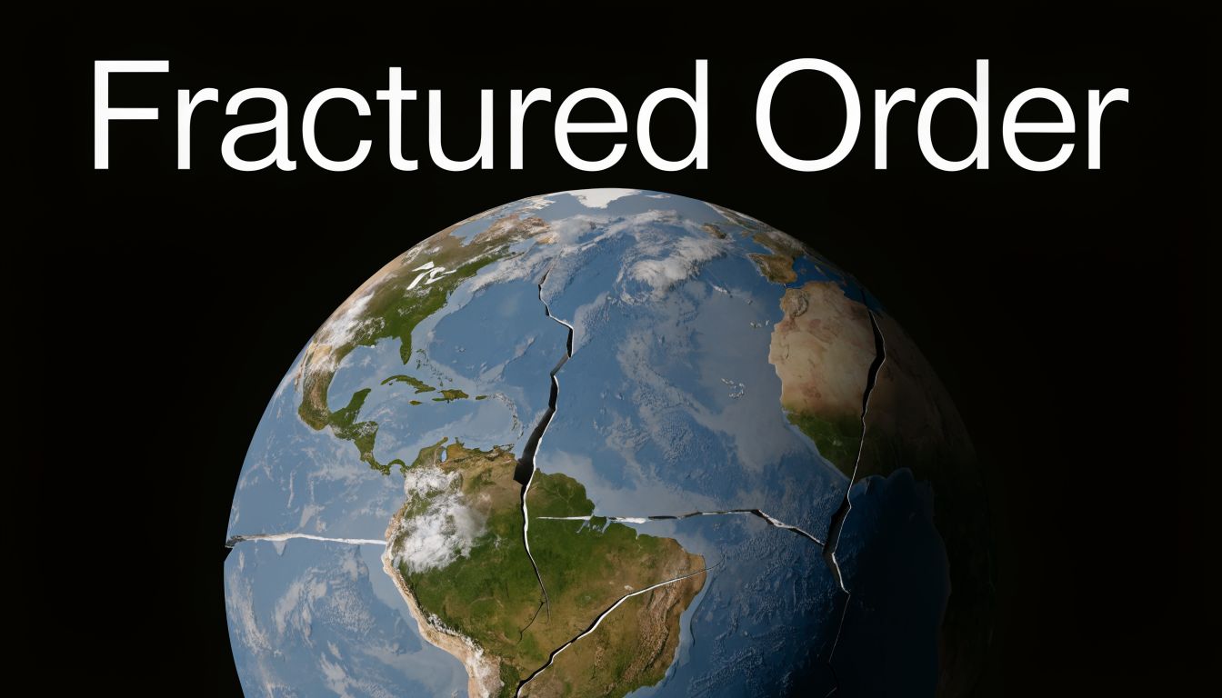 A cracked planet Earth against a black background with the white text Fractured Order displayed above it.