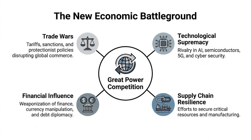 A diagram illustrating the four main components of modern Great Power Competition in the global economy.