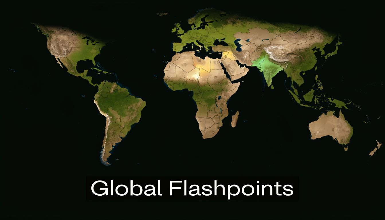A map of the world highlighting key global flashpoints with glowing colors over specific geopolitical regions.