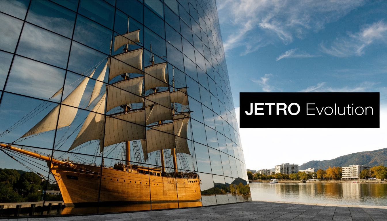 A reflection of a traditional wooden sailing ship on the glass facade of a modern building.