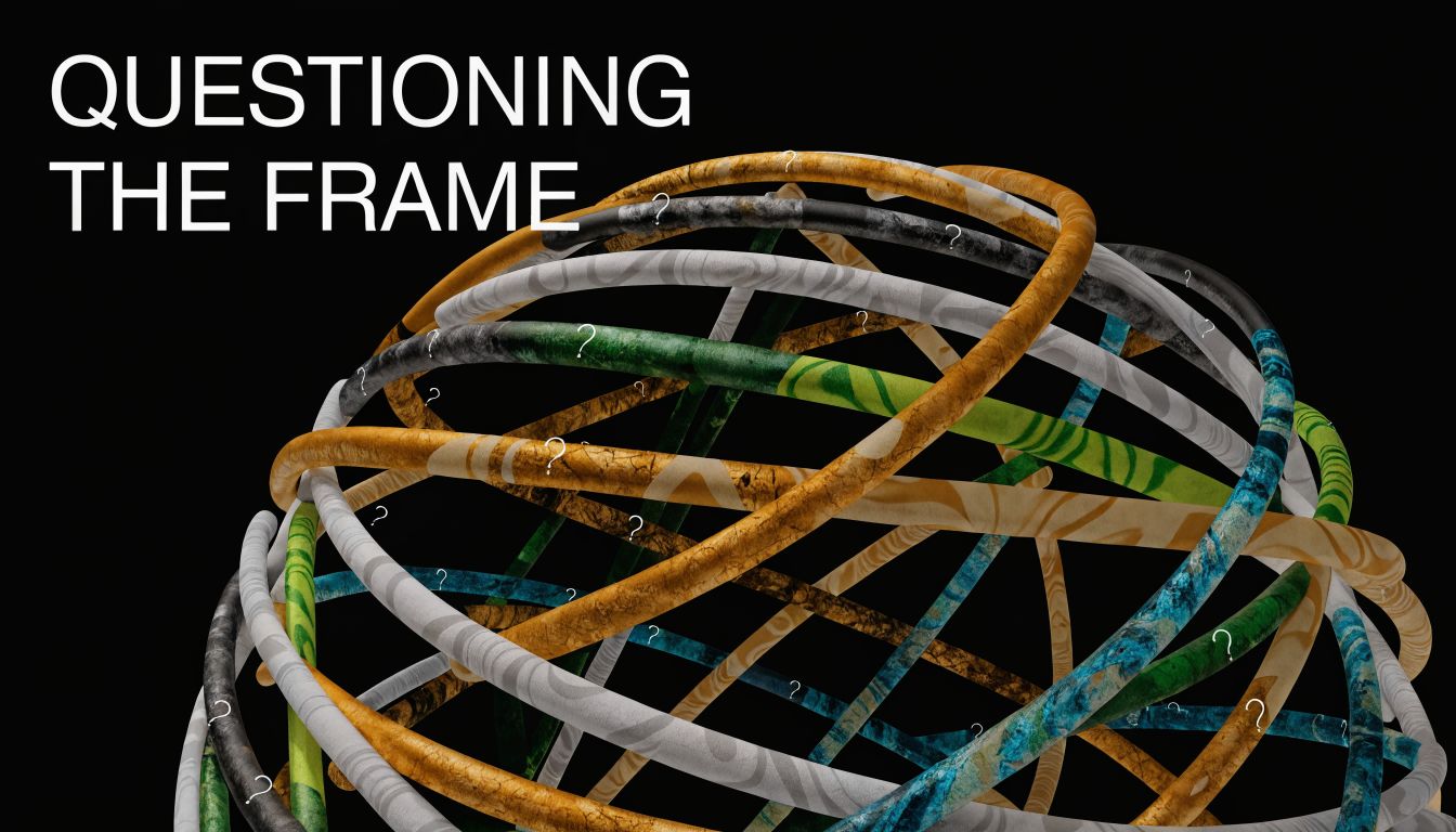 A 3D abstract graphic showing tangled, textured rings on a black background with white question marks floating.