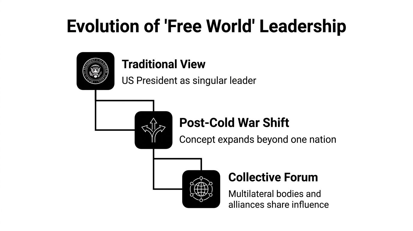A diagram illustrating the evolution of free world leadership, shifting from a single US president to collective international forums.