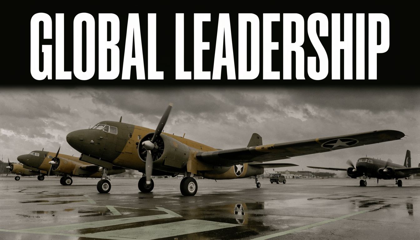 Several vintage military transport planes are parked on a wet runway under a cloudy, dramatic sky.