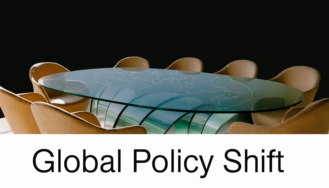 A sleek modern conference table with an etched world map on a glass top, surrounded by chairs.