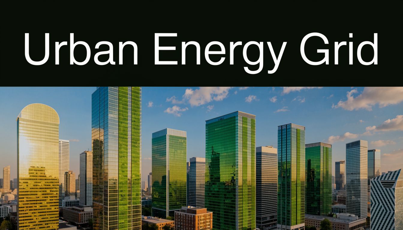 A modern cityscape featuring tall skyscrapers with reflective green solar cell windows under a blue sky.