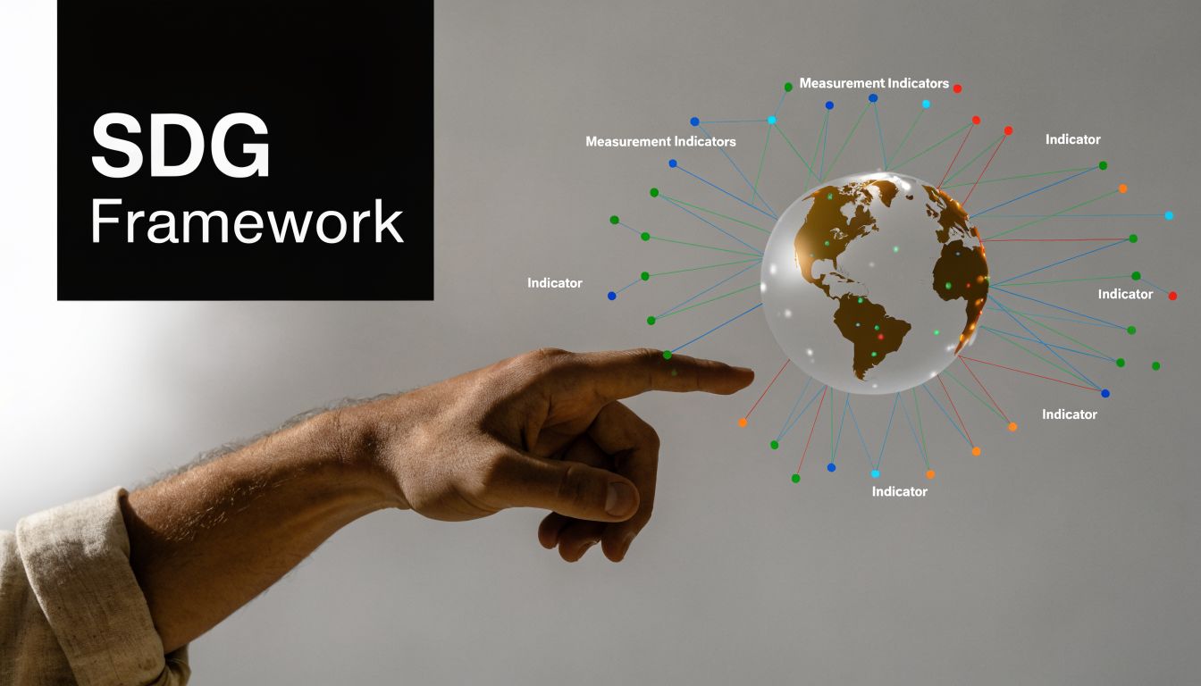 A hand gestures toward a digital globe surrounded by interconnected indicators representing the SDG framework.
