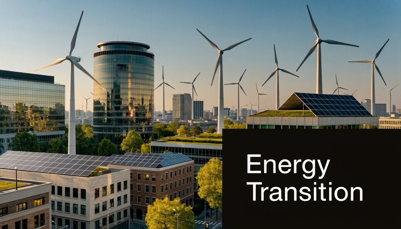A modern cityscape featuring wind turbines and solar panels on rooftops representing sustainable renewable energy transition.