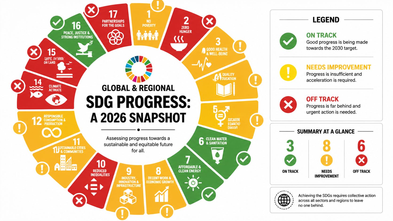 A circular infographic displaying the progress of 17 United Nations Sustainable Development Goals for 2026.