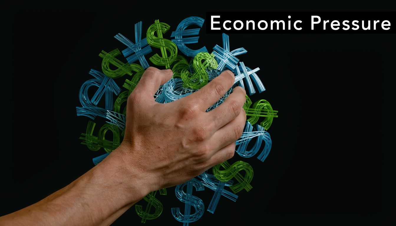 A hand squeezes a collection of floating global currency symbols representing intense economic pressure on the market.