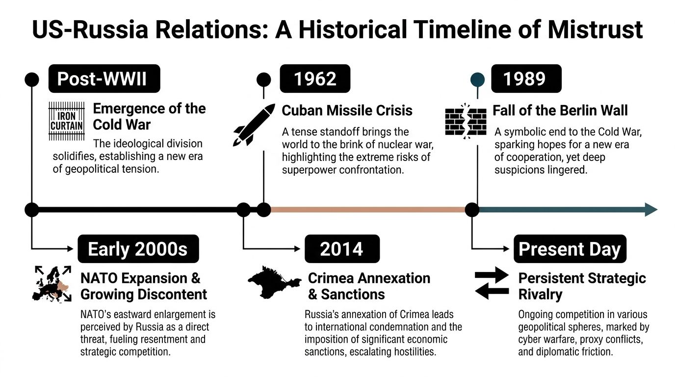 A historical timeline infographic depicting key events in the evolving geopolitical relationship between the US and Russia.