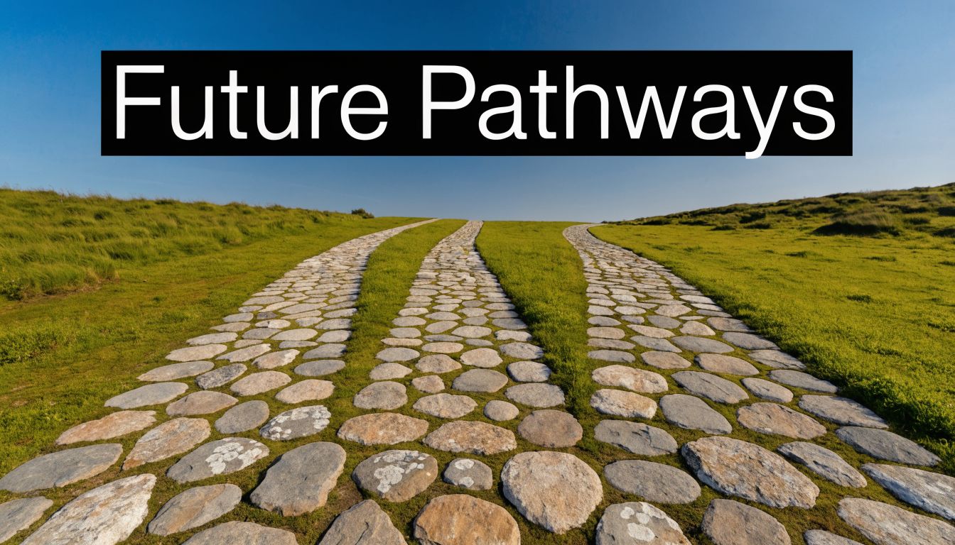Three winding stone paths leading through a grassy hill under a clear blue sky, Future Pathways text.