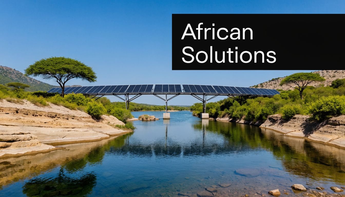 A bridge featuring solar panels over a tranquil river in an African landscape with clear blue sky.