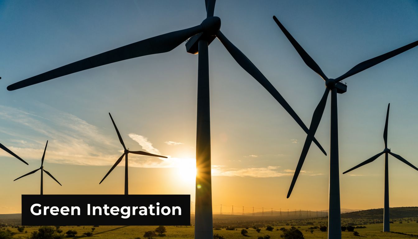 Silhouettes of large wind turbines standing in a grassy field during a beautiful sunset sky.