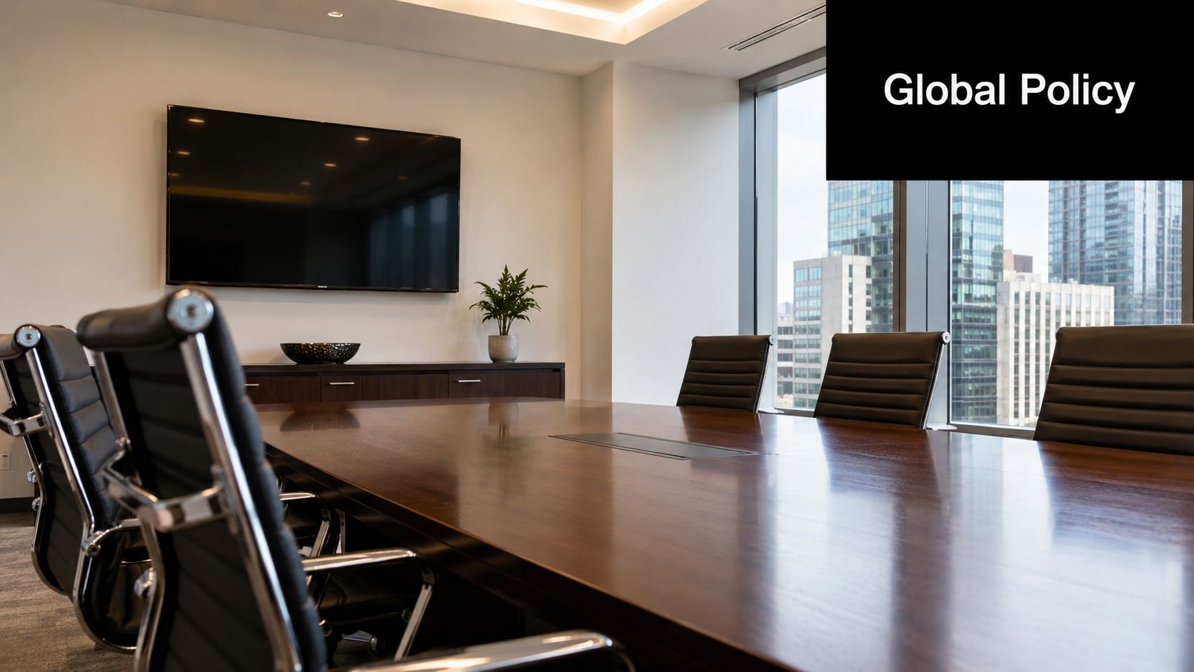 A modern boardroom with a polished wooden table, black leather chairs, and a large wall-mounted screen.