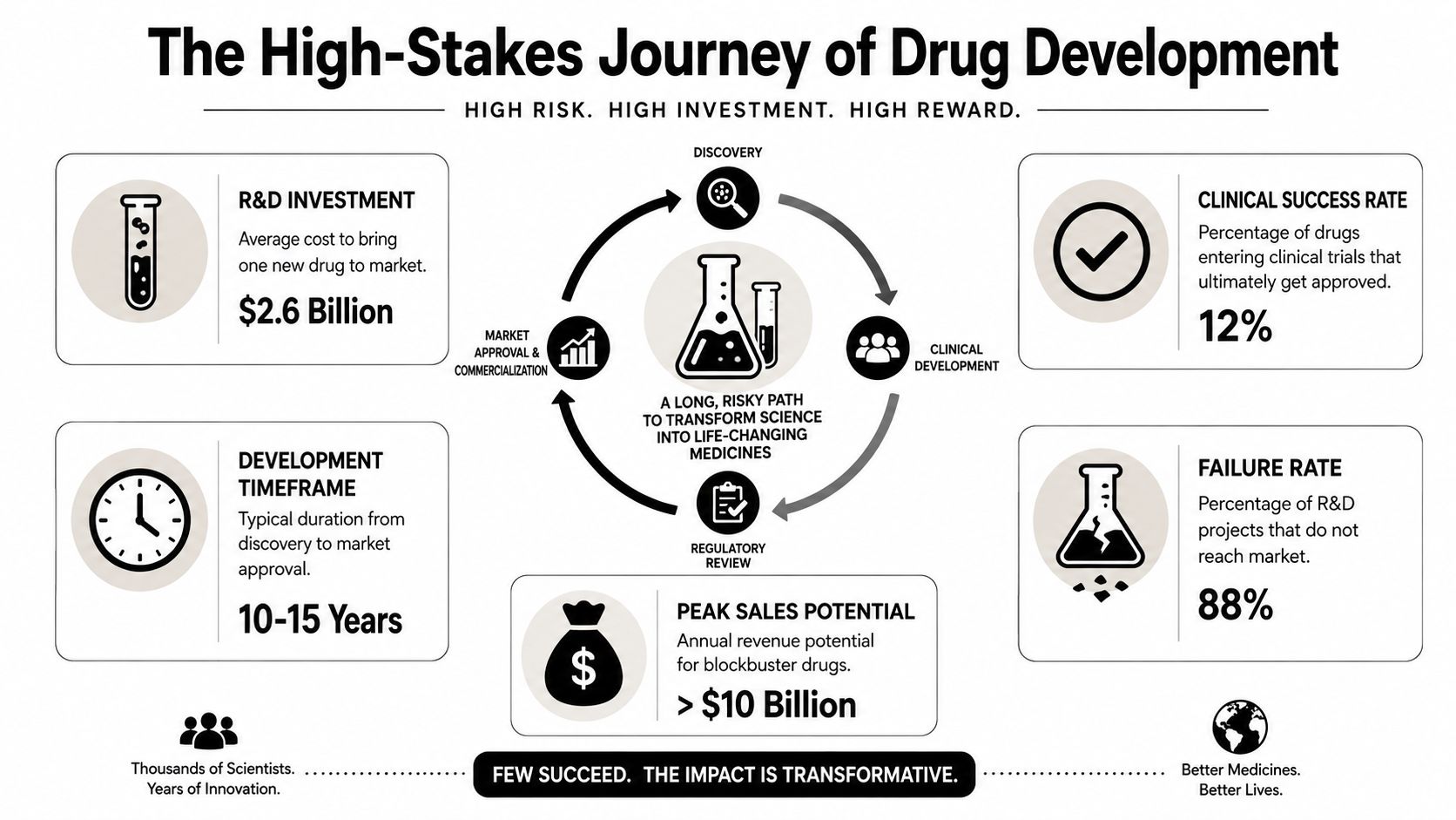 An infographic titled The High-Stakes Journey of Drug Development, showing investment costs, timeframes, and success rates for pharmaceuticals.