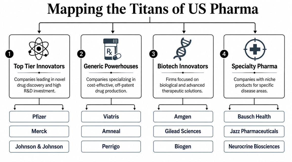 A diagram categorizing major American pharmaceutical companies into four distinct industry sectors based on their primary focus.