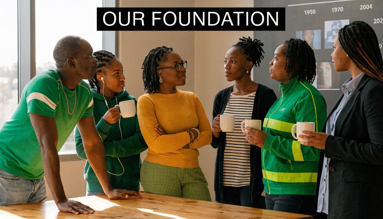 A diverse group of colleagues standing around a wooden table in an office, holding mugs and conversing.