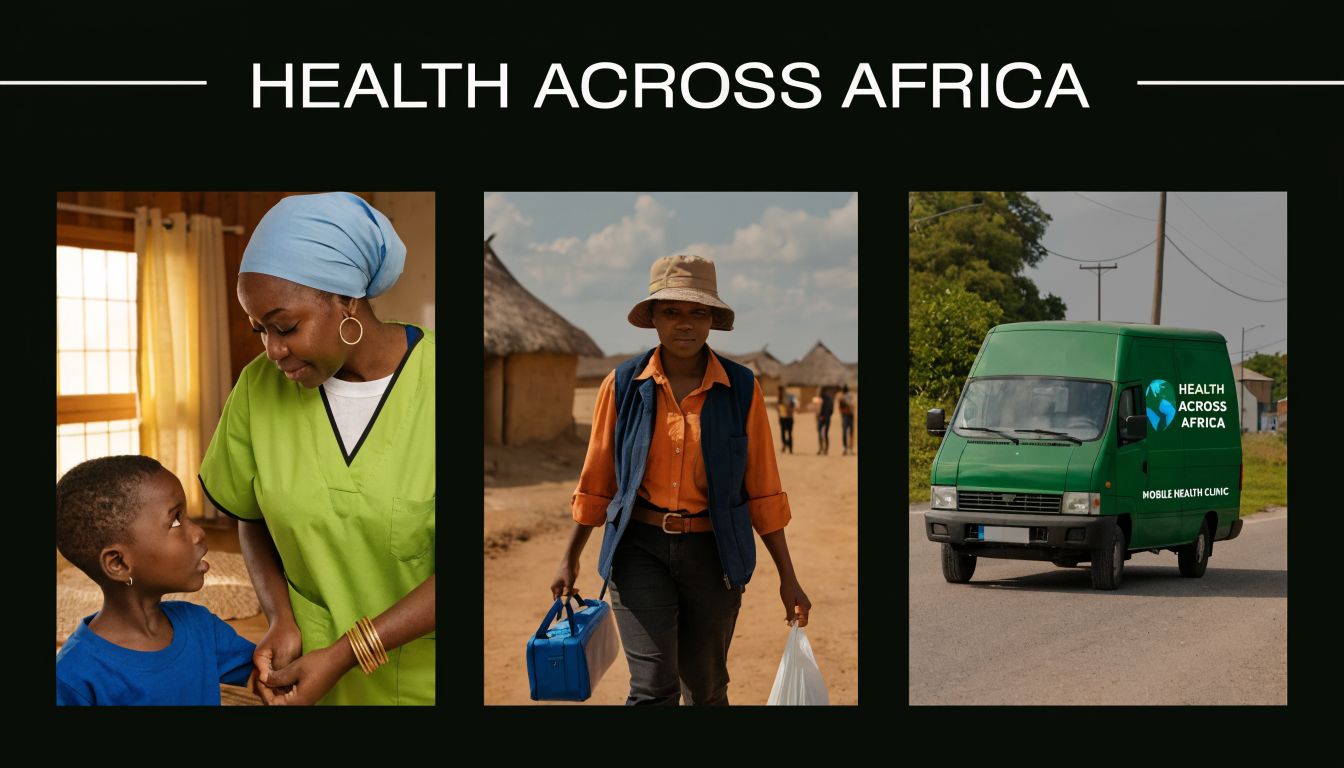 A triptych showing a health worker with a child, a community health volunteer, and a mobile clinic vehicle.