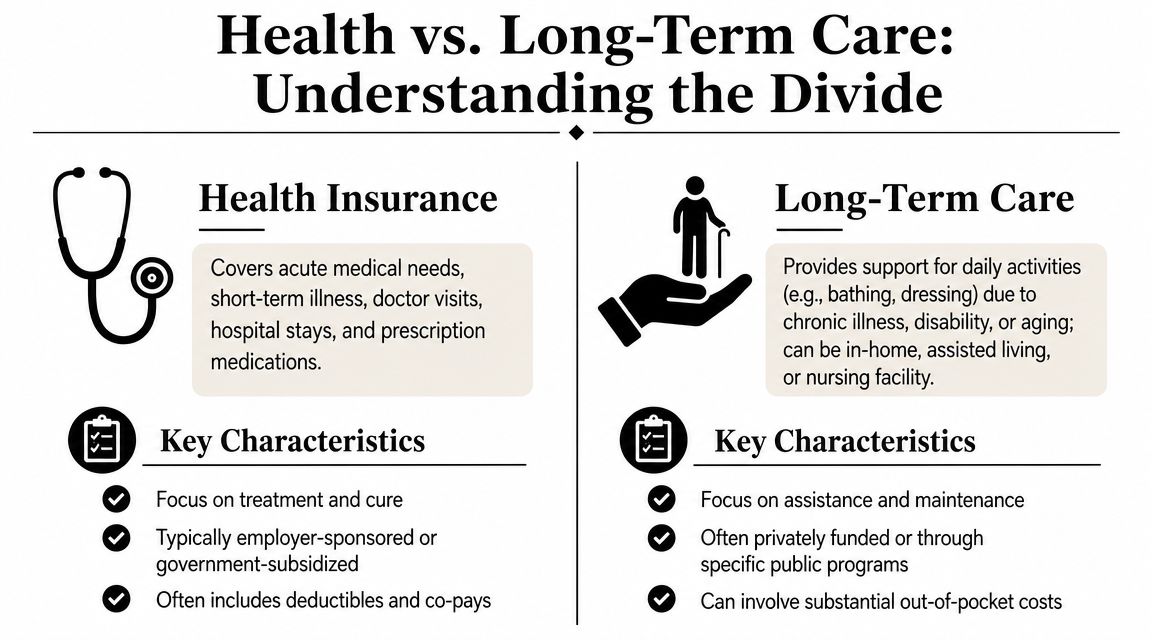 A comparative infographic explaining the key differences between health insurance and long-term care services and coverage.