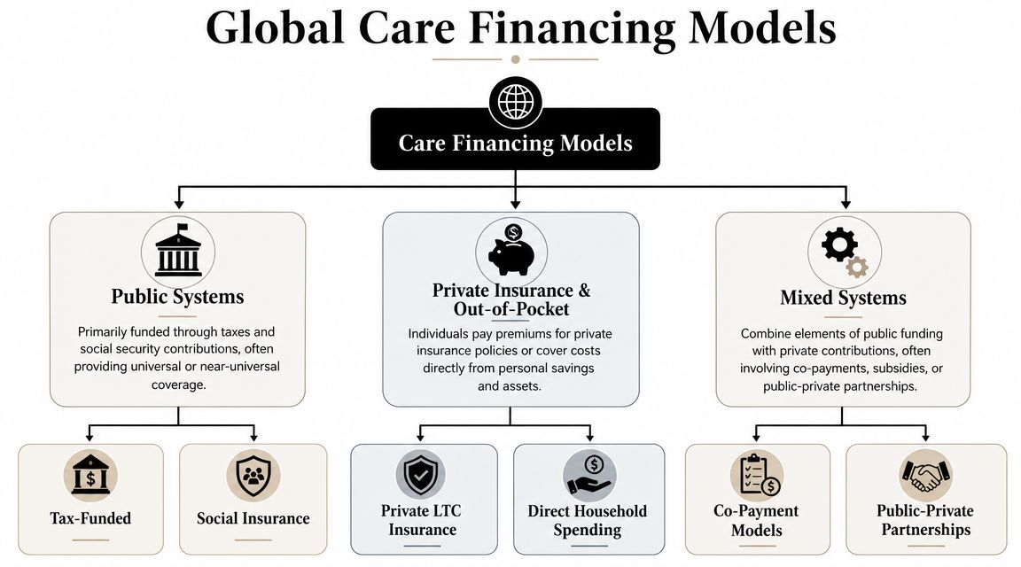 A diagram illustrating global care financing models, including public systems, private insurance, and mixed funding approaches.