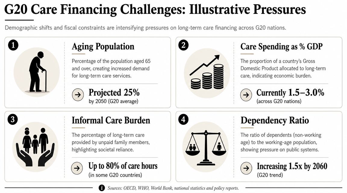 An infographic showing four key pressures on G20 long-term care financing including aging, spending, informal care, and dependency.
