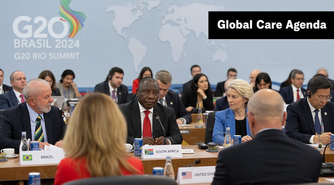 Leaders at the G20 Brazil 2024 summit discussing the global care agenda at a conference table.