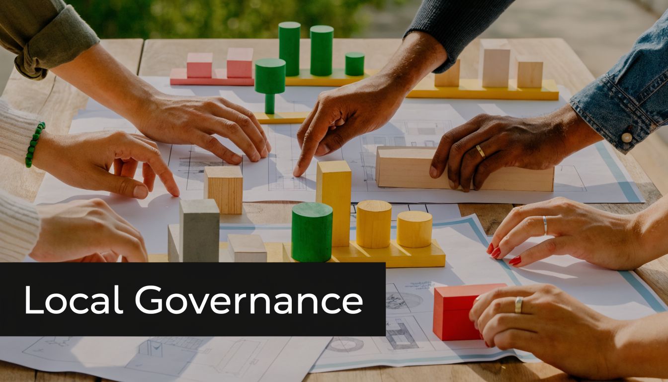 A group of people working together on a city planning project using wooden blocks and blueprints.