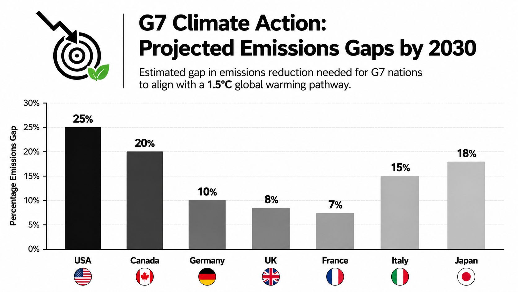Bar chart illustrating the projected 2030 emissions reduction gaps for G7 nations to meet climate goals.