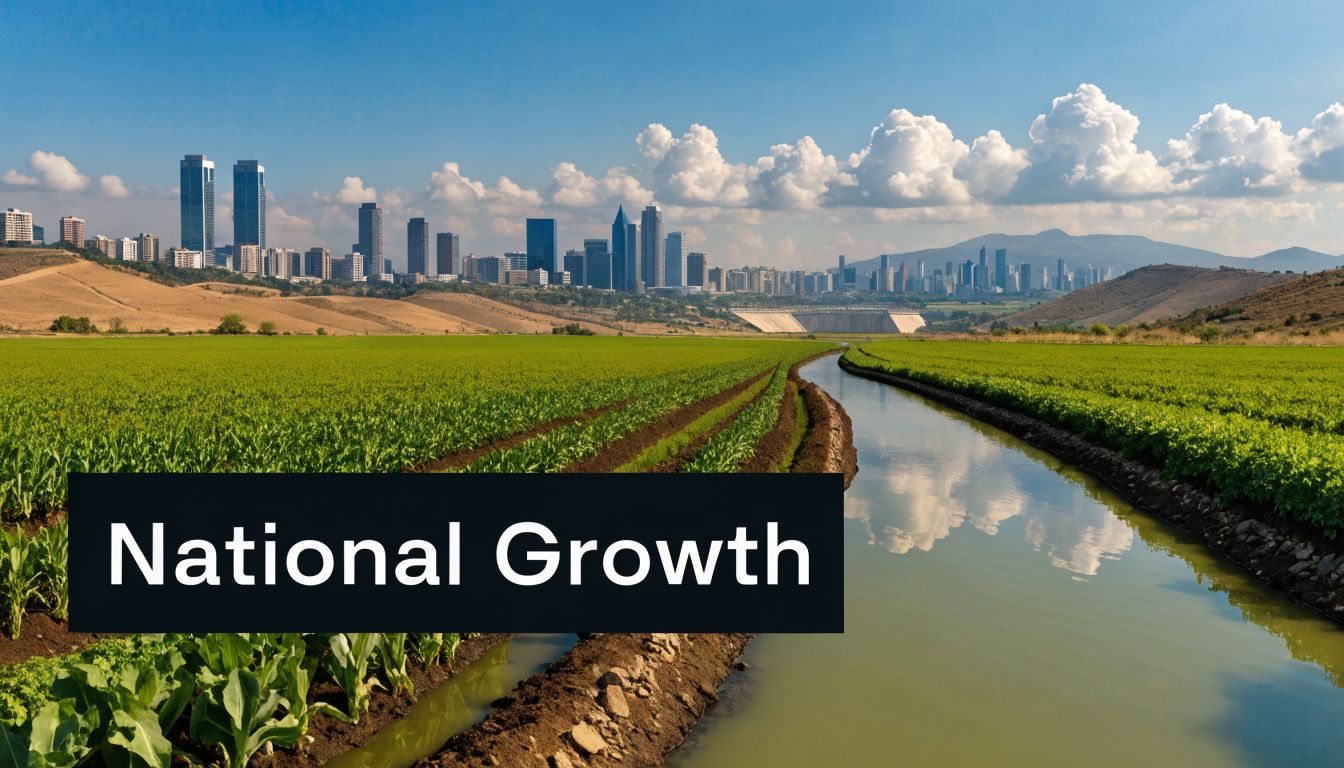 A scenic landscape featuring a lush green farm with an irrigation canal leading to a modern city skyline.