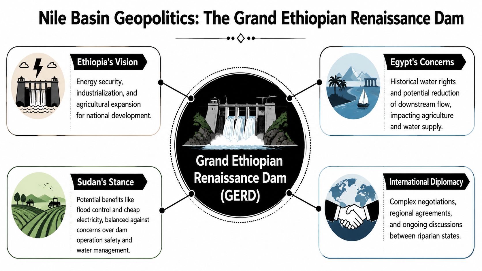 A diagram outlining the geopolitical perspectives of Ethiopia, Egypt, and Sudan regarding the Grand Ethiopian Renaissance Dam.