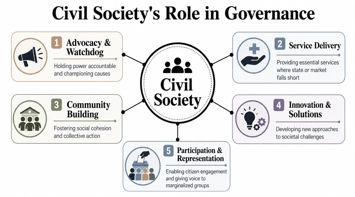 An infographic titled Civil Society's Role in Governance outlining five key roles including advocacy, service, and participation.