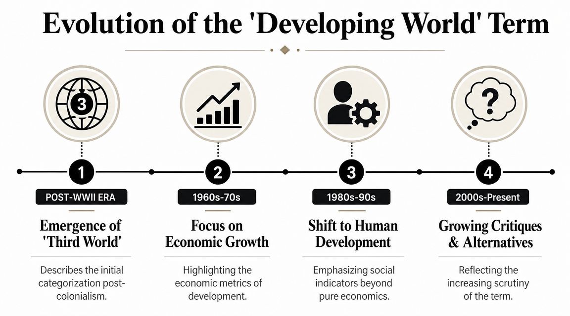 A timeline graphic showing the historical evolution and changing definitions of the developing world term over time.