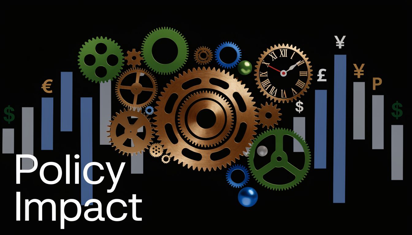 A conceptual graphic illustrating policy impact with gears, clock mechanisms, and currency symbols over a bar chart.