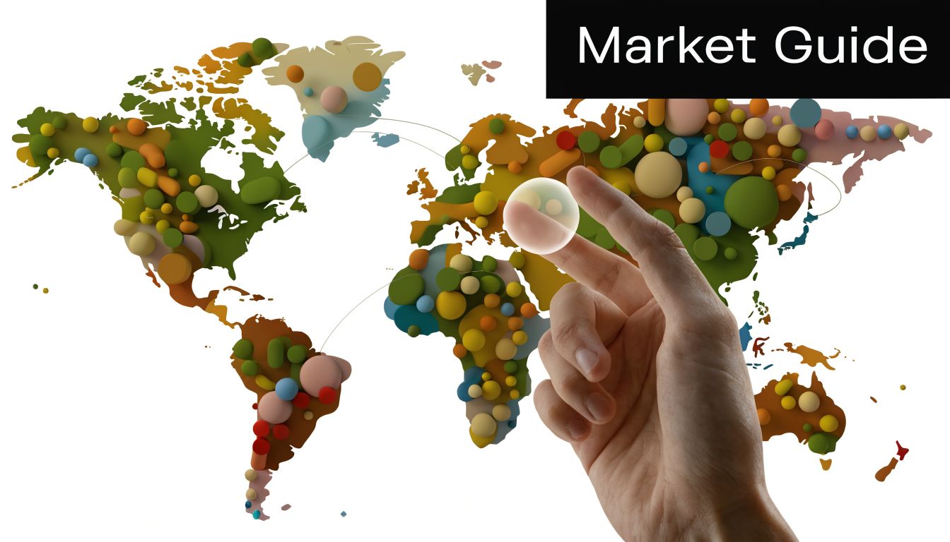 A hand interacting with a stylized, digital 3D map representation featuring colorful market data spheres.