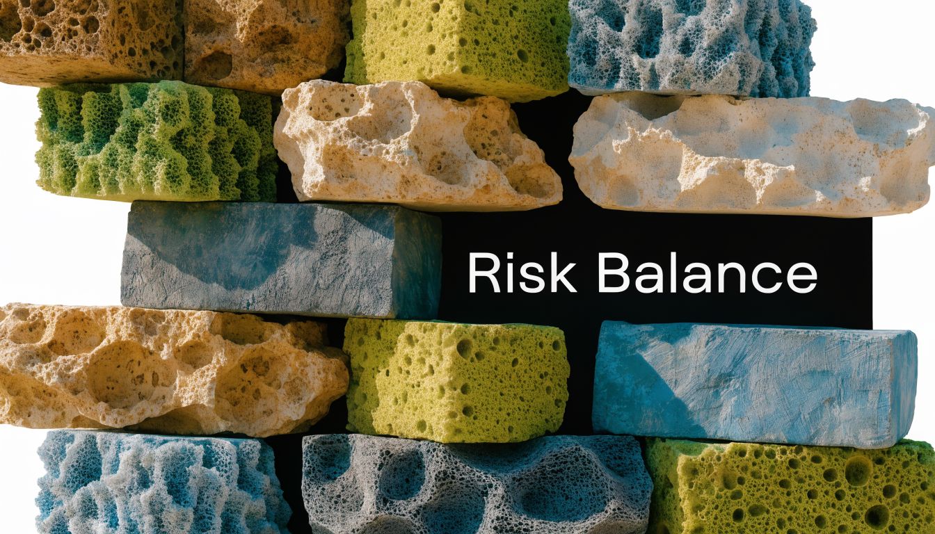 A stack of colorful, porous architectural blocks forming a wall with the words Risk Balance centered.