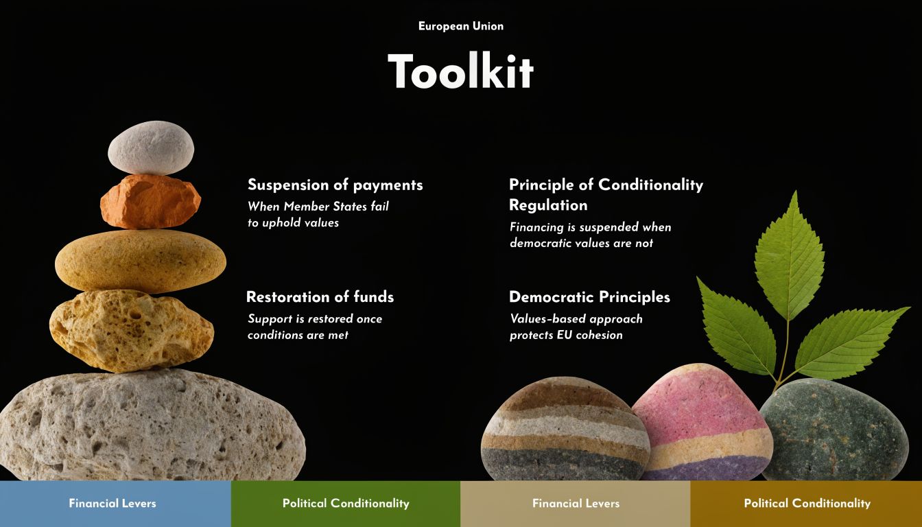 A visual guide illustrating European Union toolkits for financial leverage and political conditionality using stacked stones and leaves.