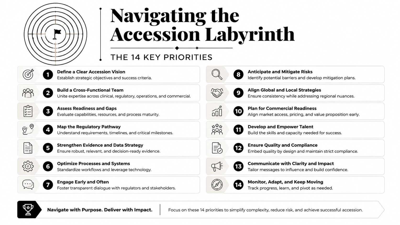 An infographic titled Navigating the Accession Labyrinth showing fourteen key strategic business priorities in a list.