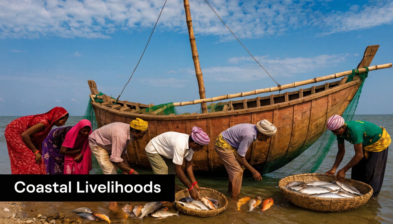 A group of fishermen and women sorting and cleaning their daily fish catch by a wooden boat.
